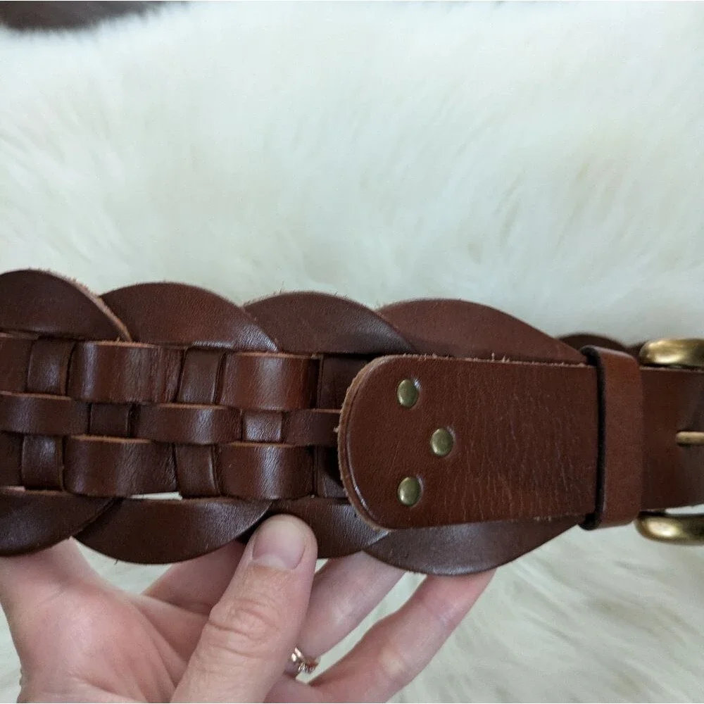 Vintage Gap Y2K 2000s wide braided woven brown leather belt boho S Small
